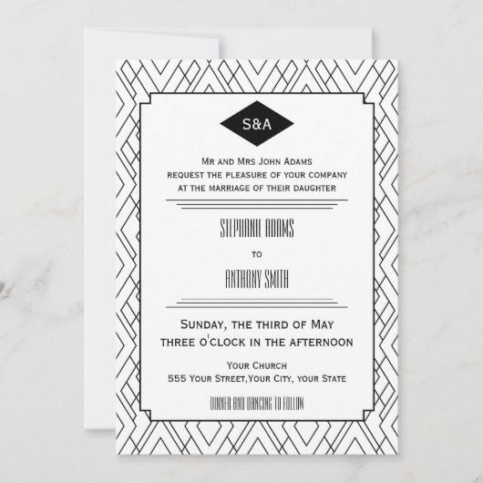 Monogram Black en White Art Deco Wedding Kaart (Voorkant)