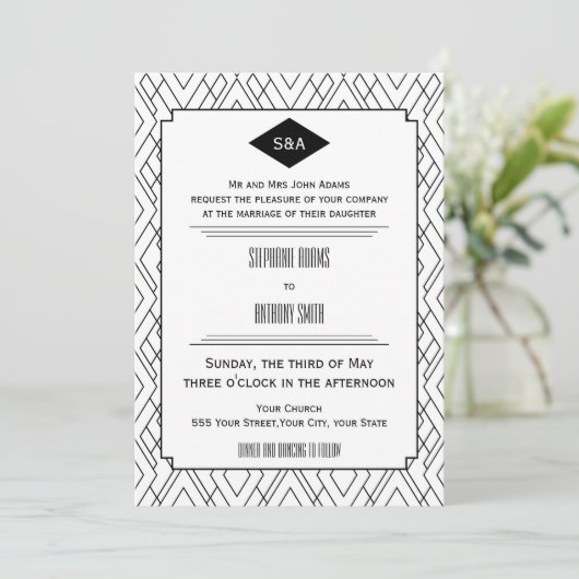 Monogram Black en White Art Deco Wedding Kaart (Staand voorkant)