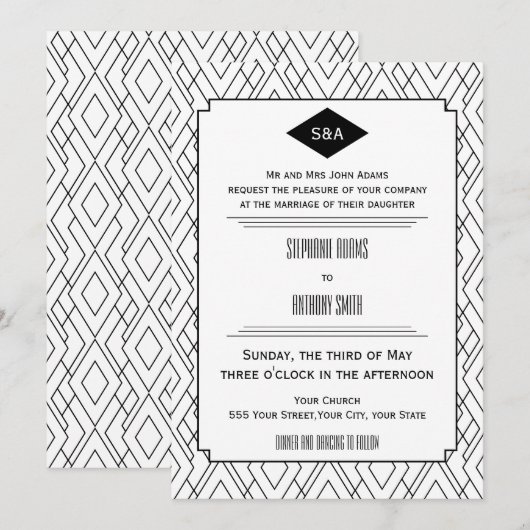 Monogram Black en White Art Deco Wedding Kaart (Voorkant / Achterkant)
