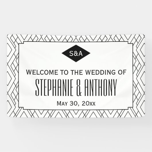 Monogram Black en White Art Deco Wedding Spandoek (Horizontaal)