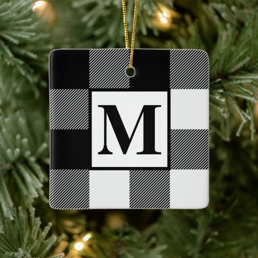Monogram Black en White Buffalo Plays Kerstmis Keramisch Ornament (Boom)