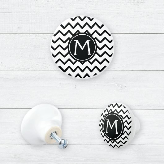 Monogram Black en White Chevron Stripes Keramische Knop