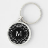 Monogram Black en White Damask Sleutelhanger (Voorkant)