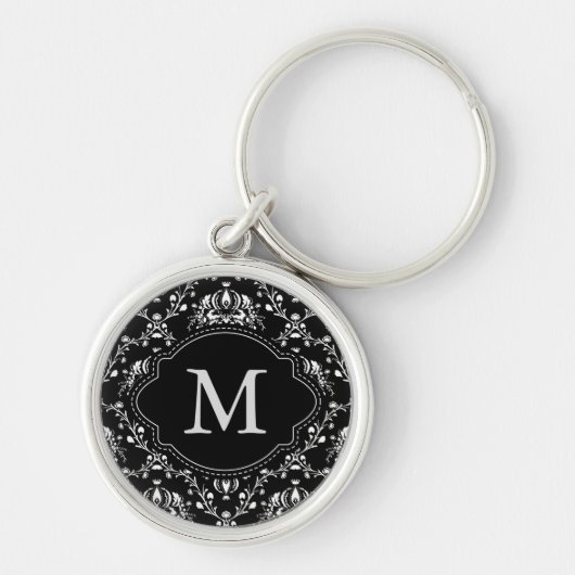 Monogram Black en White Damask Sleutelhanger (Voorkant)
