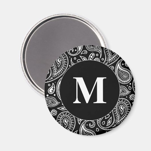 Monogram Black en White Floral Paisley Pattern Magneet (Voorkant / Achterkant)
