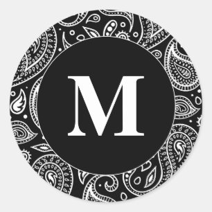 Monogram Black en White Floral Paisley Pattern Ronde Sticker