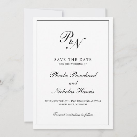 Monogram Black en White Formal Elegant Wedding Save The Date (Voorkant)