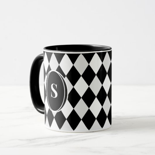 Monogram Black en White Harlequin Diamond Pattern Mok (Voorkant links)