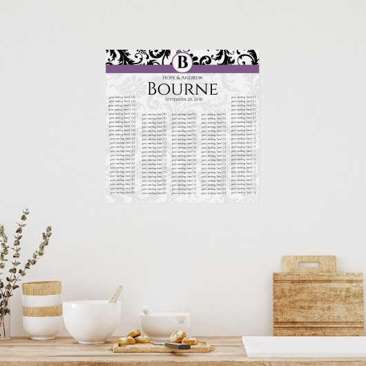 Monogram Black en White Paars Damask Poster (Keuken)