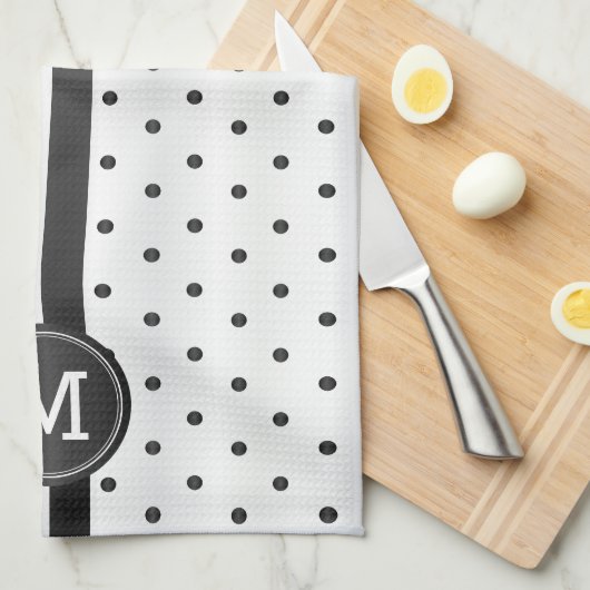 Monogram Black en White Polka Dot Theedoek (Quarter Fold)