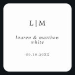 Monogram Black en White Simple Wedding Vierkante Sticker<br><div class="desc">De afbeelding en de moderne bruiloft bevoordelen stickers met een minimaal ontwerp met uw twee initiaal monogram met uw namen en datum hieronder in zwart-wit. De doopvonten en achtergrondkleuren kunnen in om het even welke kleuren worden veranderd u wenst. Deze elegante en stijlvolle stickers zijn ideaal voor het minimalistische koppel...</div>