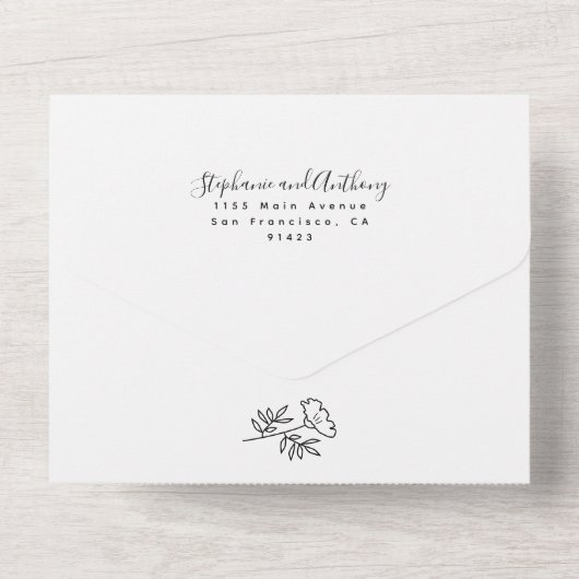Monogram Black en White Wildflower Wedding All In One Uitnodiging (Achterkant)