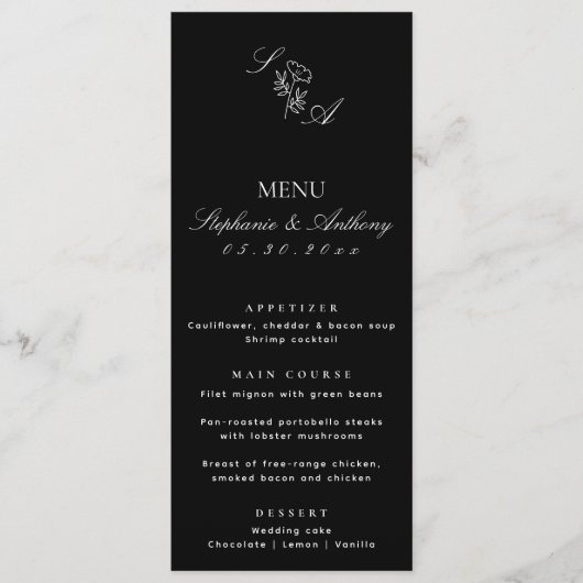 Monogram Black en White Wildflower Wedding Menu (Voorkant)