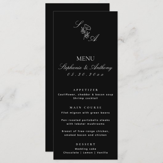 Monogram Black en White Wildflower Wedding Menu (Voorkant / Achterkant)
