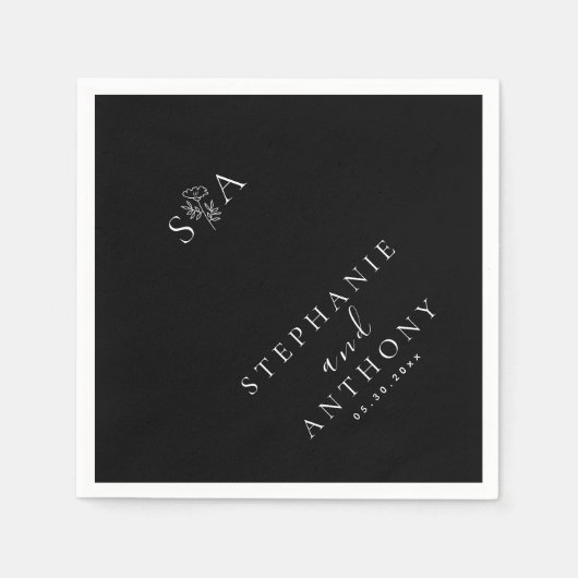 Monogram Black en White Wildflower Wedding Servet (Voorkant)