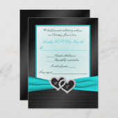 Monogram Black FAUX Satijnen PlOOien met Aqua RSVP (Voorkant / Achterkant)
