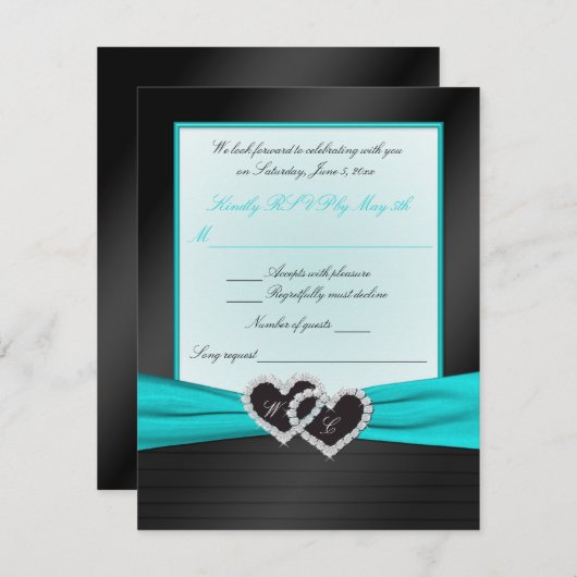 Monogram Black FAUX Satijnen PlOOien met Aqua RSVP (Voorkant / Achterkant)