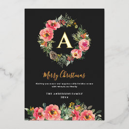 Monogram Black Floral Botanical Wreath Christmas Folie Feestdagenkaart