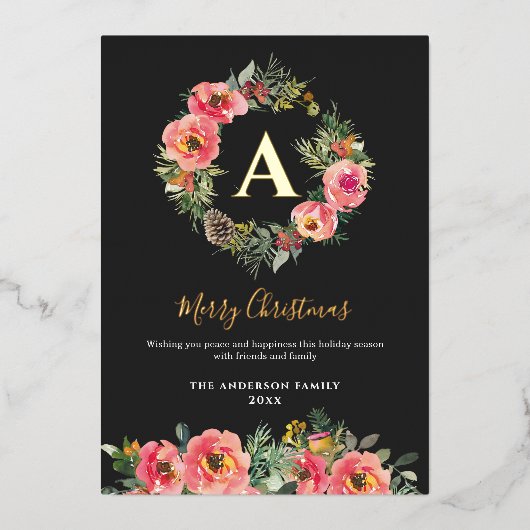 Monogram Black Floral Botanical Wreath Christmas Folie Feestdagenkaart (Voorkant)