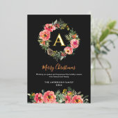 Monogram Black Floral Botanical Wreath Christmas Folie Feestdagenkaart (Staand Voorkant)