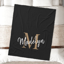 Monogram Black Gold Elegant Feminine Chic Script Fleece Deken