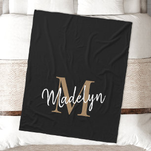 Monogram Black Gold Elegant Feminine Chic Script Fleece Deken