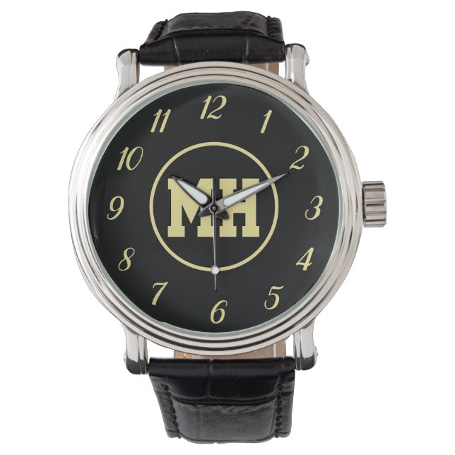 Monogram Black Gold Elegant modern Initiaal Horloge (Voorkant)