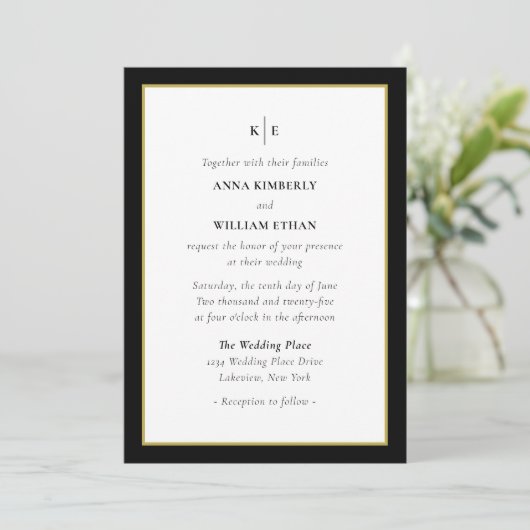 Monogram Black Gold - Families Wedding Invitation Kaart (Staand voorkant)