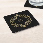Monogram Black Gold Glitter Damask Flourish Swirl Kartonnen Onderzetters (Schuin)