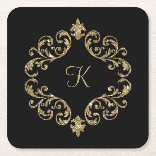 Monogram Black Gold Glitter Damask Flourish Swirl Kartonnen Onderzetters