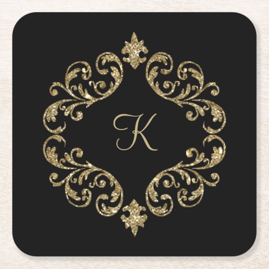 Monogram Black Gold Glitter Damask Flourish Swirl Kartonnen Onderzetters (Voorkant)