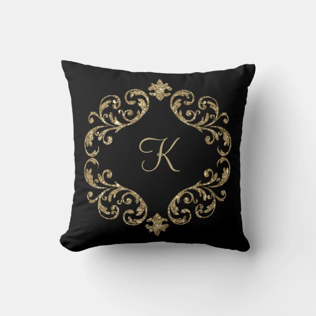 Monogram Black Gold Glitter Damask Flourish Swirl Kussen (Voorkant)