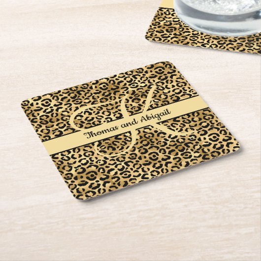 Monogram Black Gold Leopard Print Cheetah Animal Kartonnen Onderzetters (Schuin)