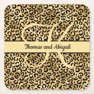 Monogram Black Gold Leopard Print Cheetah Animal Kartonnen Onderzetters