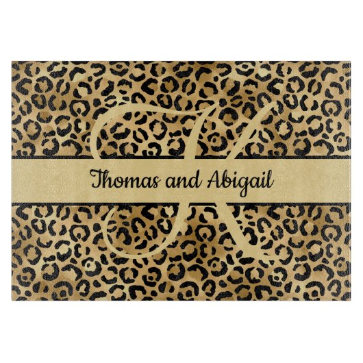 Monogram Black Gold Leopard Print Cheetah Animal Snijplank (Voorkant)