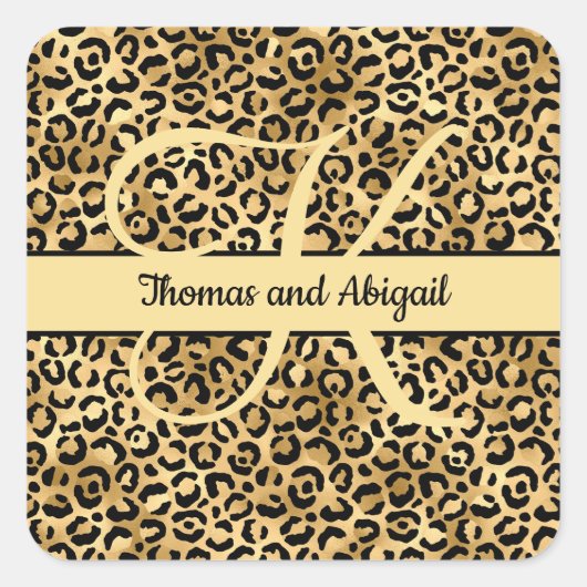 Monogram Black Gold Leopard Print Cheetah Animal Vierkante Sticker (Voorkant)