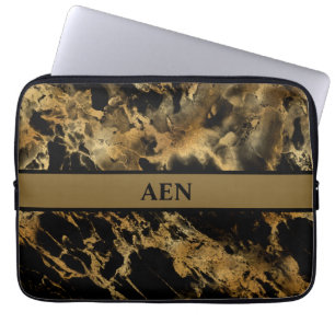 Monogram Black Gold Marble Agate Modern Trendy Laptop Sleeve