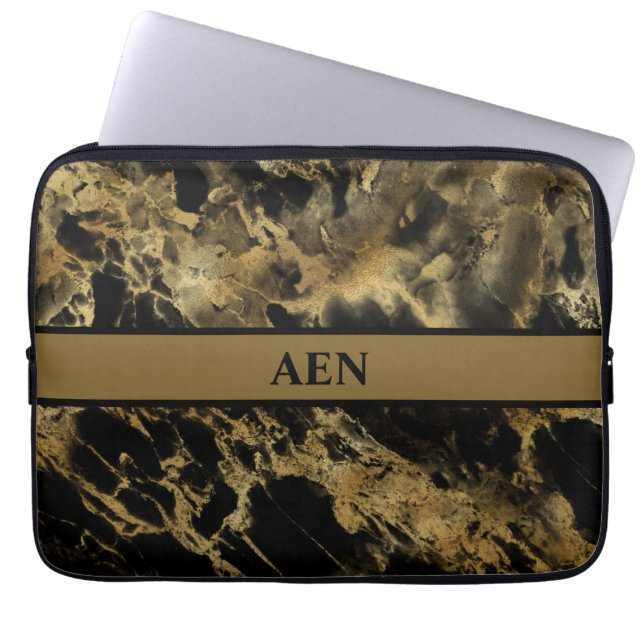Monogram Black Gold Marble Agate Modern Trendy Laptop Sleeve (Voorkant)