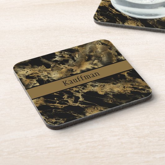 Monogram Black Gold Marble Agate Trendy Chic Bier Onderzetter (Linkerzijde)