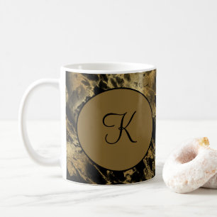 Monogram Black Gold Marble Agate Trendy Modern Koffiemok