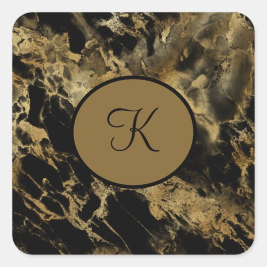 Monogram Black Gold Marble Agate Trendy Modern Vierkante Sticker (Voorkant)