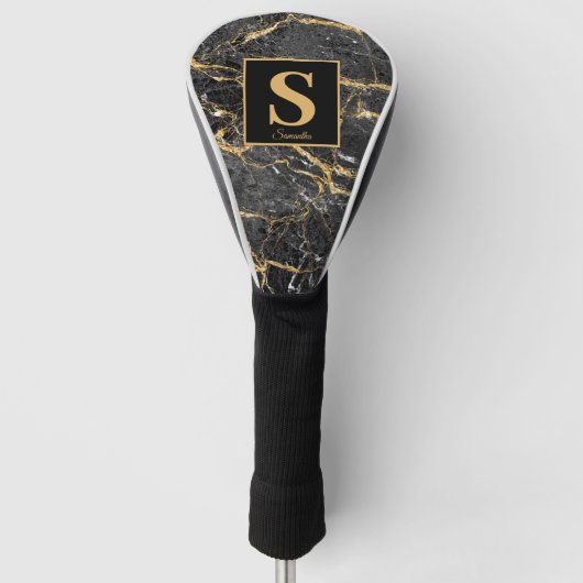 Monogram Black Gold Marble Name Golf Head Hoesje Golfheadcover (Voorkant)