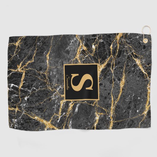 Monogram Black Gold Marmer Golfhanddoek (Horizontaal)