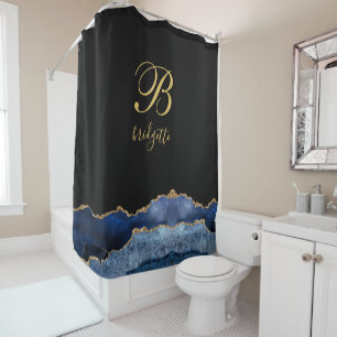Monogram Black Gold Navy Agate Geode Douchegordijn