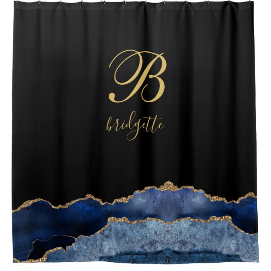 Monogram Black Gold Navy Agate Geode Douchegordijn (Voorkant)