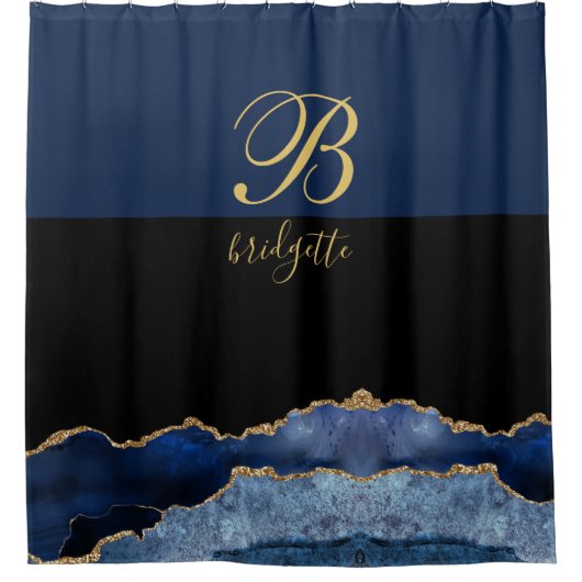 Monogram Black Gold Navy Agate Geode Douchegordijn (Voorkant)