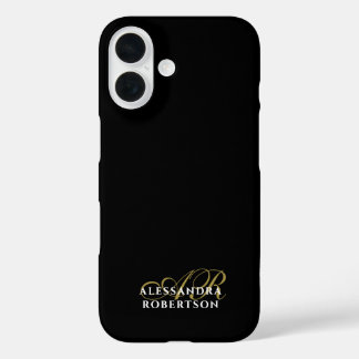 Monogram Black Gold White Minimalist Elegant Name iPhone 16 Hoesje
