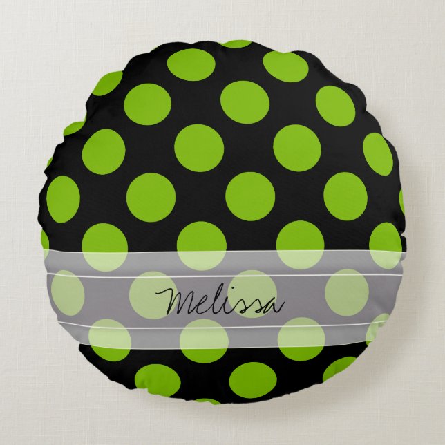 Monogram Black Green Chic Polka Dot Pattern Rond Kussen (Voorkant)