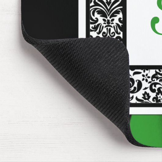 Monogram Black, Green en White Damask Mousepad Muismat (Hoek)