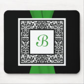 Monogram Black, Green en White Damask Mousepad Muismat (Voorkant)